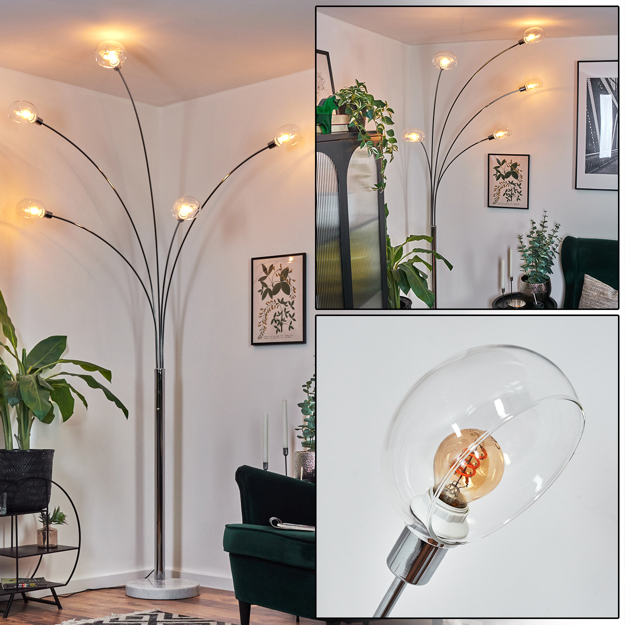 Eine moderne Stehlampe mit mehreren Lichtern. Der Raum umfasst Pflanzen, einen grünen Sessel, gerahmte Kunst und ein schwarzes Regal.