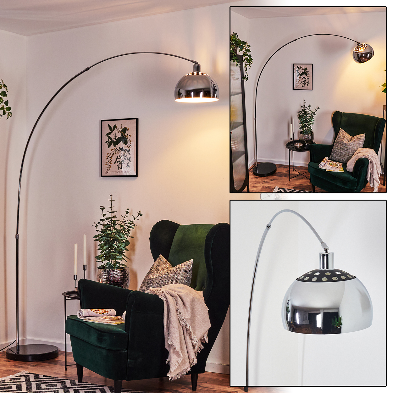 Ein modernes Wohnzimmer mit einer großen schwarzen Bogenlampe, einem grünen Sessel und einem botanischen Druck an der Wand.