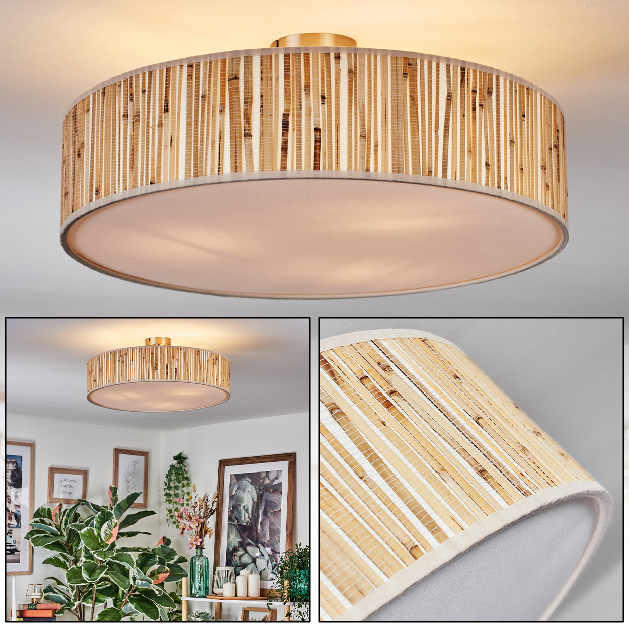 Eine dekorative Deckenleuchte mit Bambusschirm. Die Lampe hat eine warme, neutrale Farbe.