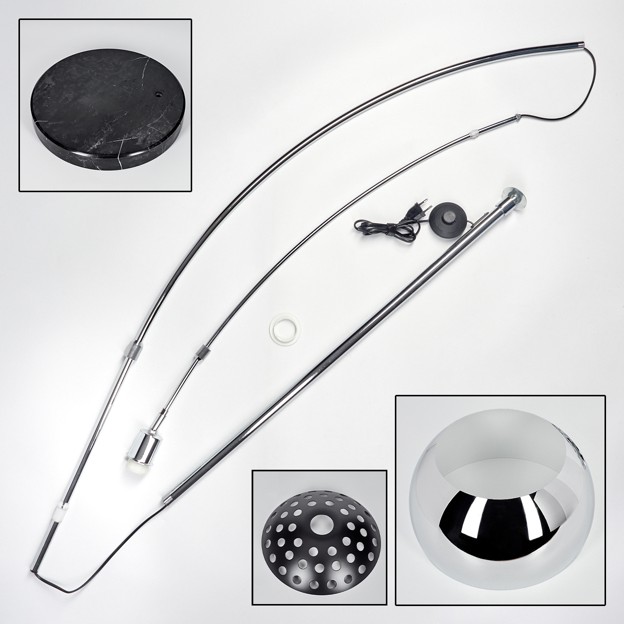 Zerlegte Stehlampenkomponenten auf Weiß. Enthält Sockel, Metallstangen, Schirm und Lampenfassung. Verschiedene Teile inset.