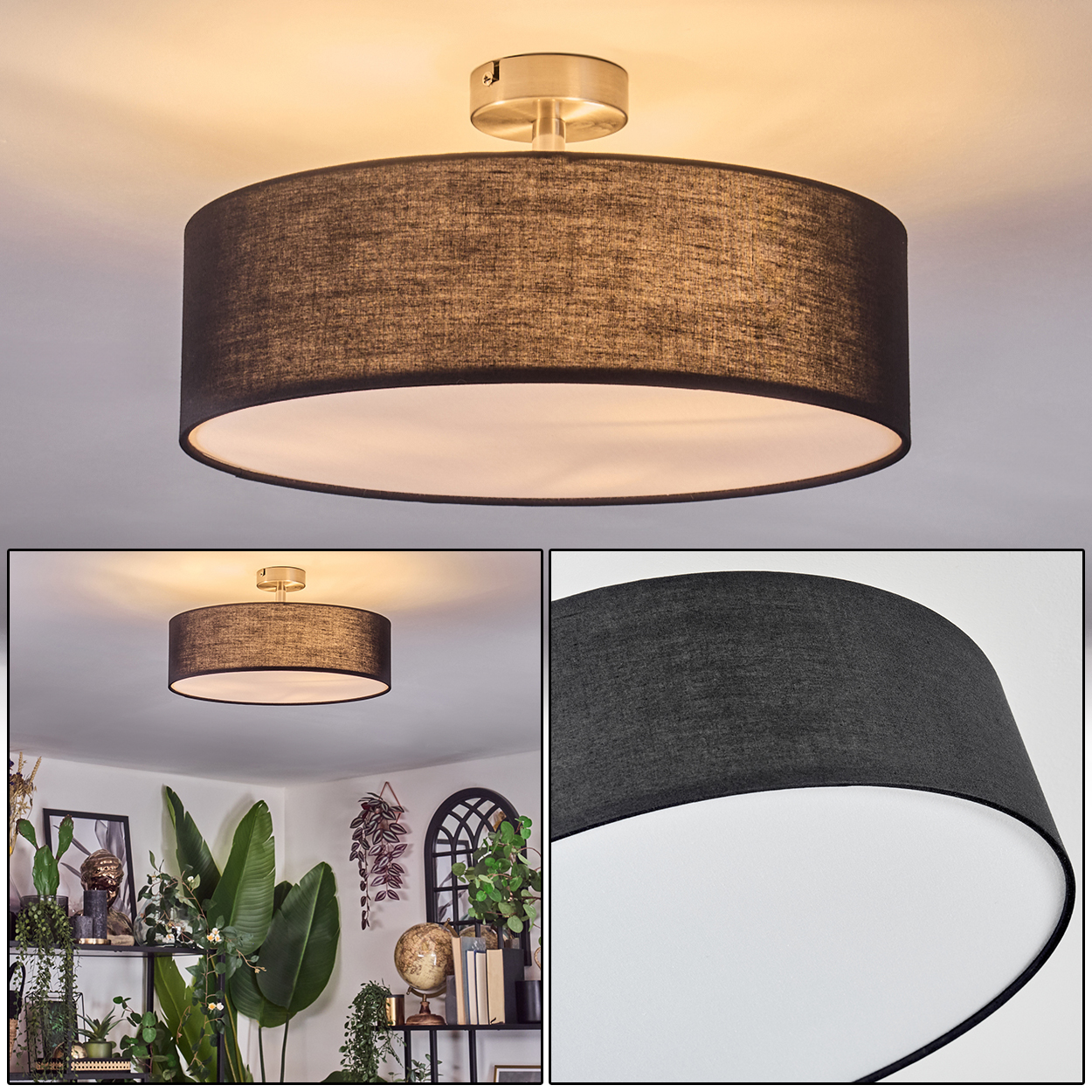 Eine moderne schwarze Deckenlampe mit zylindrischem Lampenschirm. Die Lampe ist an einer weißen Decke montiert. Der Raum ist mit Pflanzen und Dekor dekoriert.