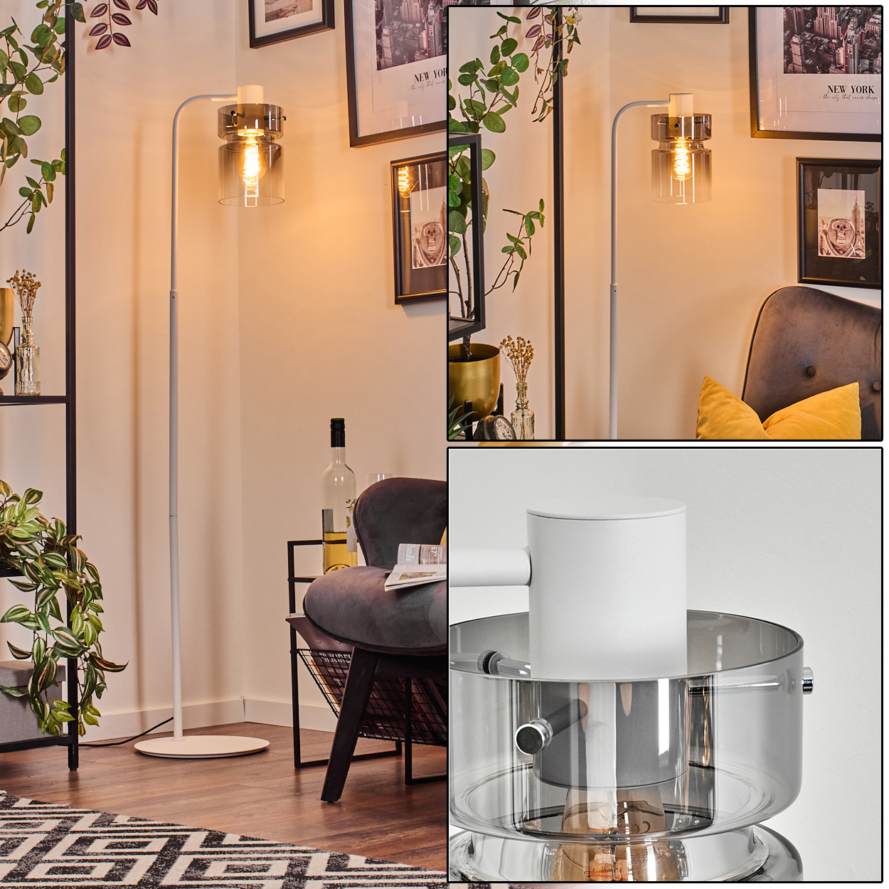 Eine moderne Stehlampe mit Glasschirm leuchtet in einem Raum mit Dekoration und einem Stuhl. Ein Teppich mit geometrischem Muster ist im Vordergrund.