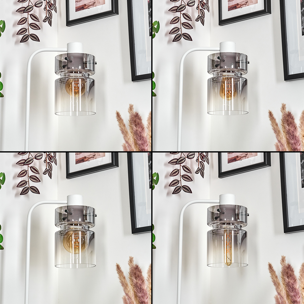 Eine moderne Lampe mit rauchfarbenem Glasschirm und weißem Rahmen vor einer Wand mit gerahmten Bildern und Zierpflanzen.