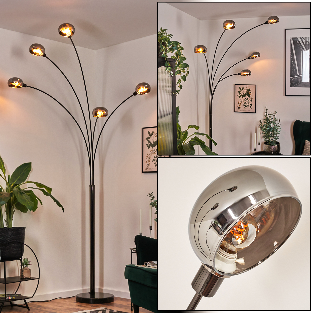 Eine moderne schwarze Stehlampe mit sechs gebogenen Armen, die jeweils einen rauchigen Glaskolben halten. Pflanzen und Dekorationen umgeben sie in einem Raum.