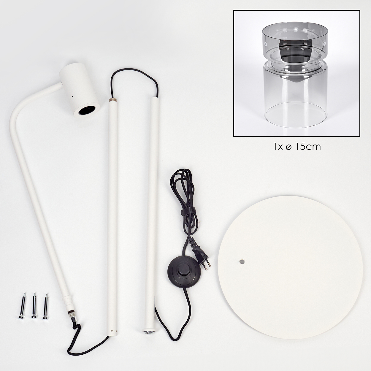 Zerlegte Stehlampe mit weißen Komponenten, schwarzem Kabel, Glasschirm und rundem Sockel. Kleiner Ausschnitt zeigt den Schirm.