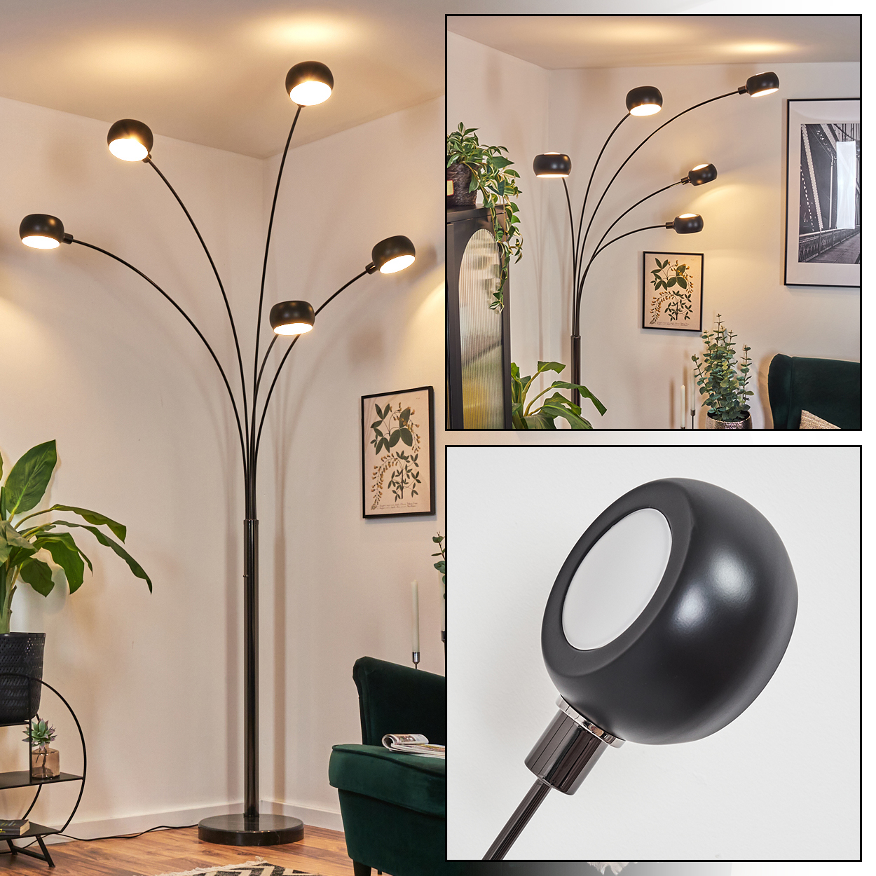 Eine moderne schwarze Stehlampe mit sechs Lichtern. Sie steht in einem Raum mit Pflanzen, einem Gemälde und einem grünen Sessel.