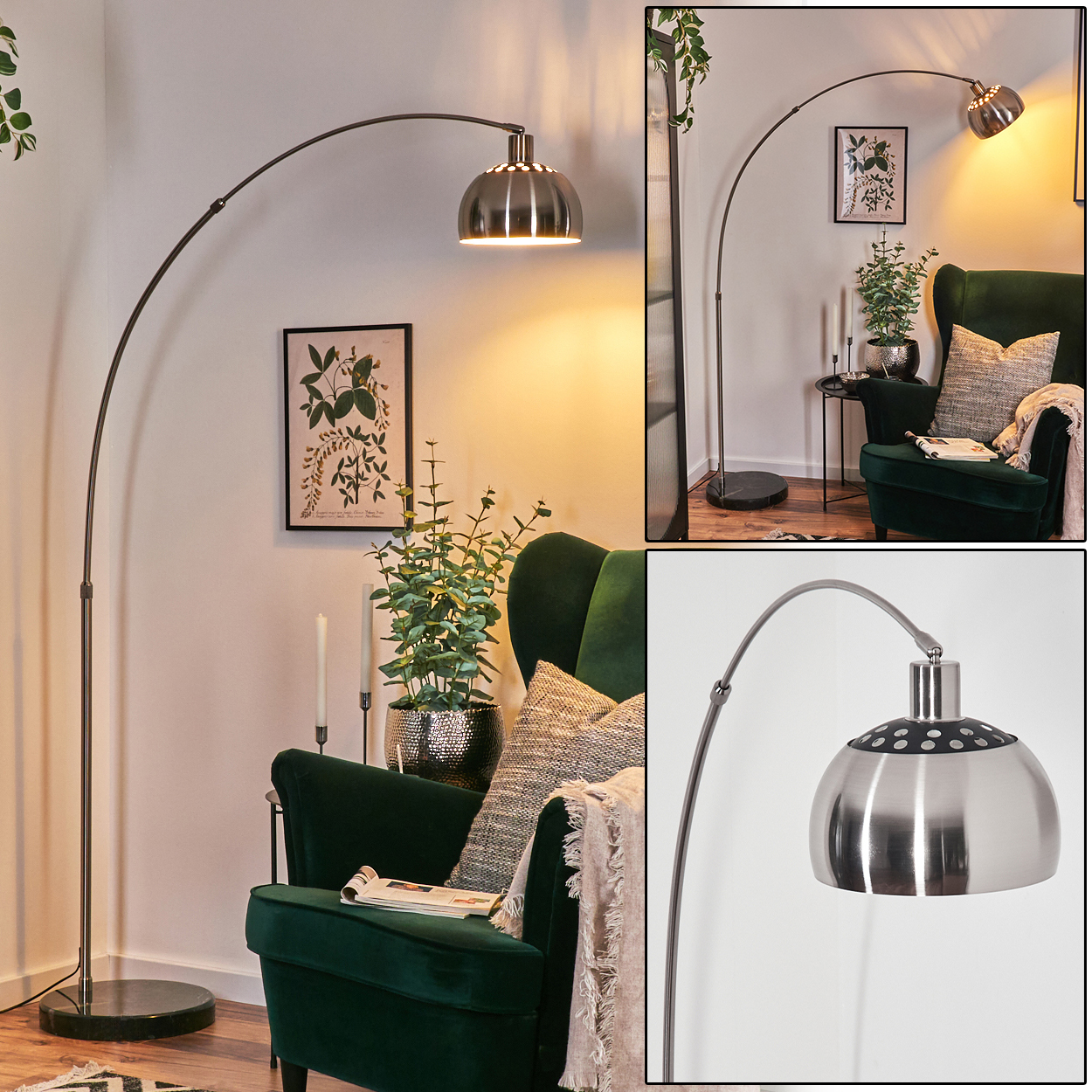 Ein modernes Wohnzimmer mit grünem Sessel, Stehlampe, Pflanzen und einem gerahmten Bild an einer weißen Wand. Gemütliche Atmosphäre.