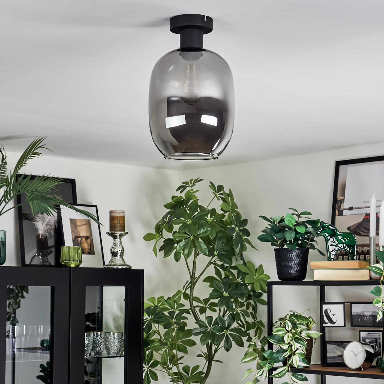 Ein modernes Wohnzimmer mit einer grauen Glas-Hängeleuchte. Pflanzen und Dekor befinden sich auf Regalen und einem schwarzen Schrank.