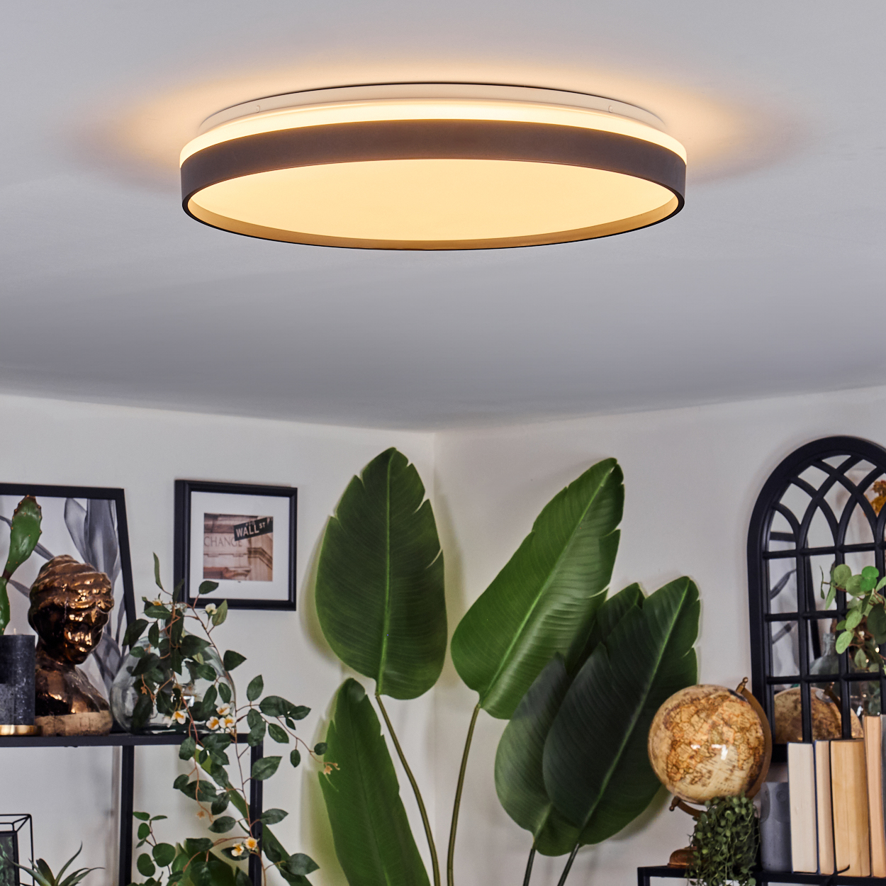Eine moderne Deckenleuchte beleuchtet den Raum. Darunter stehen Pflanzen, eine Büste, Bilder und ein Globus auf Regalen vor einer weißen Wand.