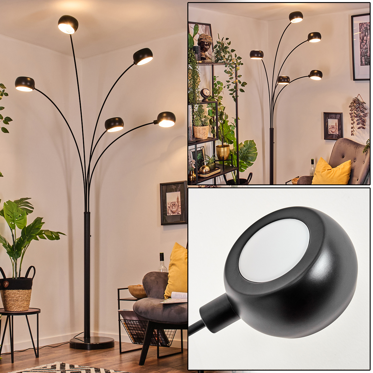 Eine schwarze Bogen-Stehlampe mit sechs Lichtern. Sie steht in einem Raum mit Stuhl, Pflanzen und Regal. Die Lampen sind an.