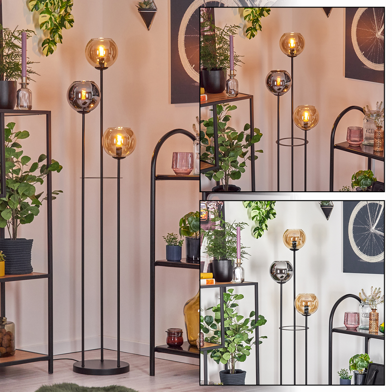 Wohnzimmerszene mit schwarzen Metallregalen, Pflanzen und drei Kugellampen. Der Hintergrund umfasst Kunst und Kerzen.