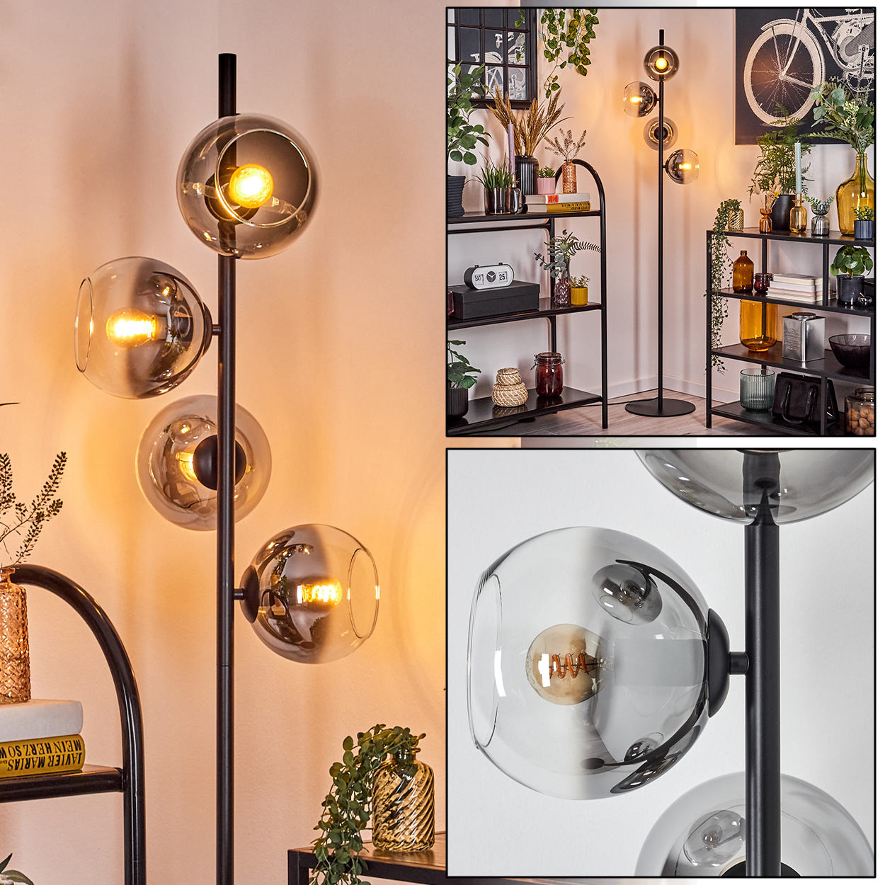 Eine moderne Stehlampe mit vier Glaskugeln, schwarzem Rahmen und warmem Licht. Hintergrund zeigt Regale mit Dekoration und Pflanzen.