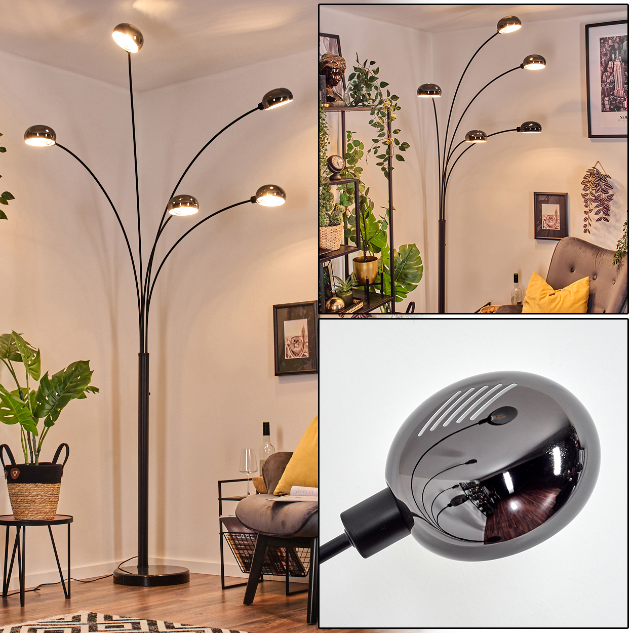 Eine moderne schwarze Stehlampe mit fünf Lichtern. Der Hintergrund zeigt ein Wohnzimmer mit Pflanzen, einem Stuhl und einem Tisch.