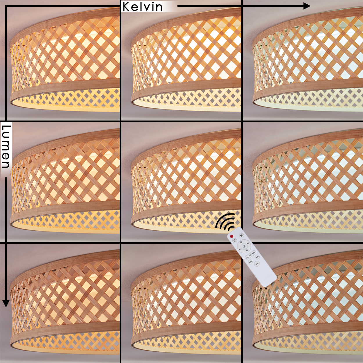 Neun Bilder zeigen eine Lampe mit einstellbaren Kelvin- und Lumen-Einstellungen, gesteuert durch eine Fernbedienung. Helligkeit und Farbe ändern sich.