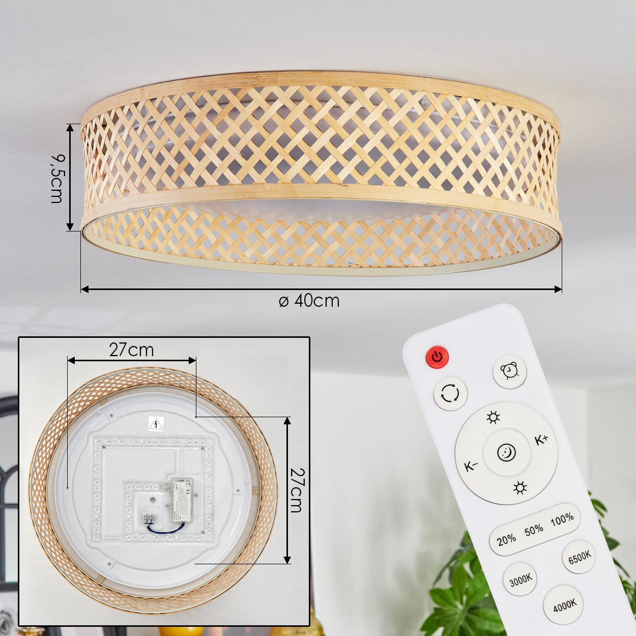 Eine runde Deckenlampe aus Bambus mit Maßangaben. Eine Fernbedienung ist im Vordergrund. Maße sind 40 cm, 27 cm und 9,5 cm.