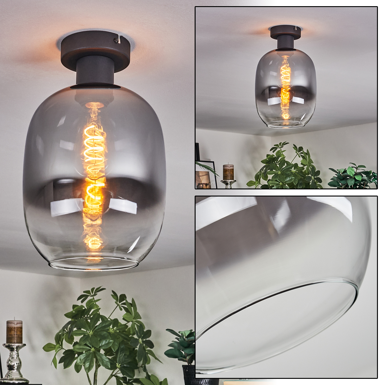 Deckenleuchte mit rauchfarbenem Glasschirm und warmer, leuchtender Glühbirne. Pflanzen und Kerzen im Hintergrund.