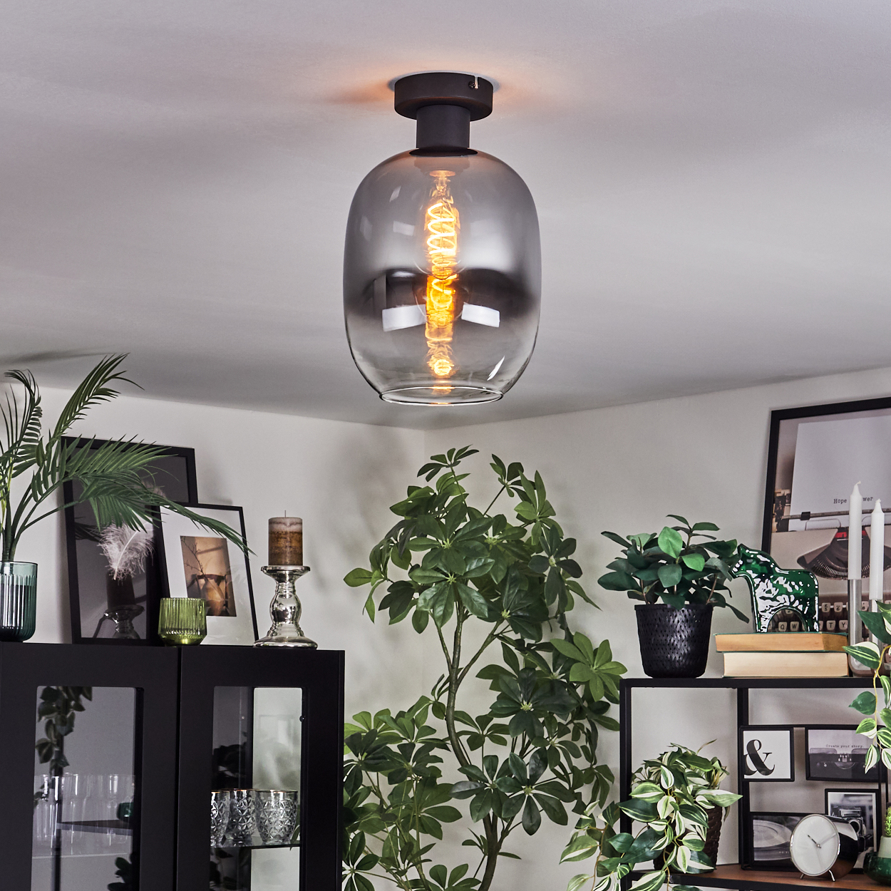 Ein modernes Zimmer mit einer großen Glasleuchte. Pflanzen, Bilder und Regale sind sichtbar. Das Licht ist an.