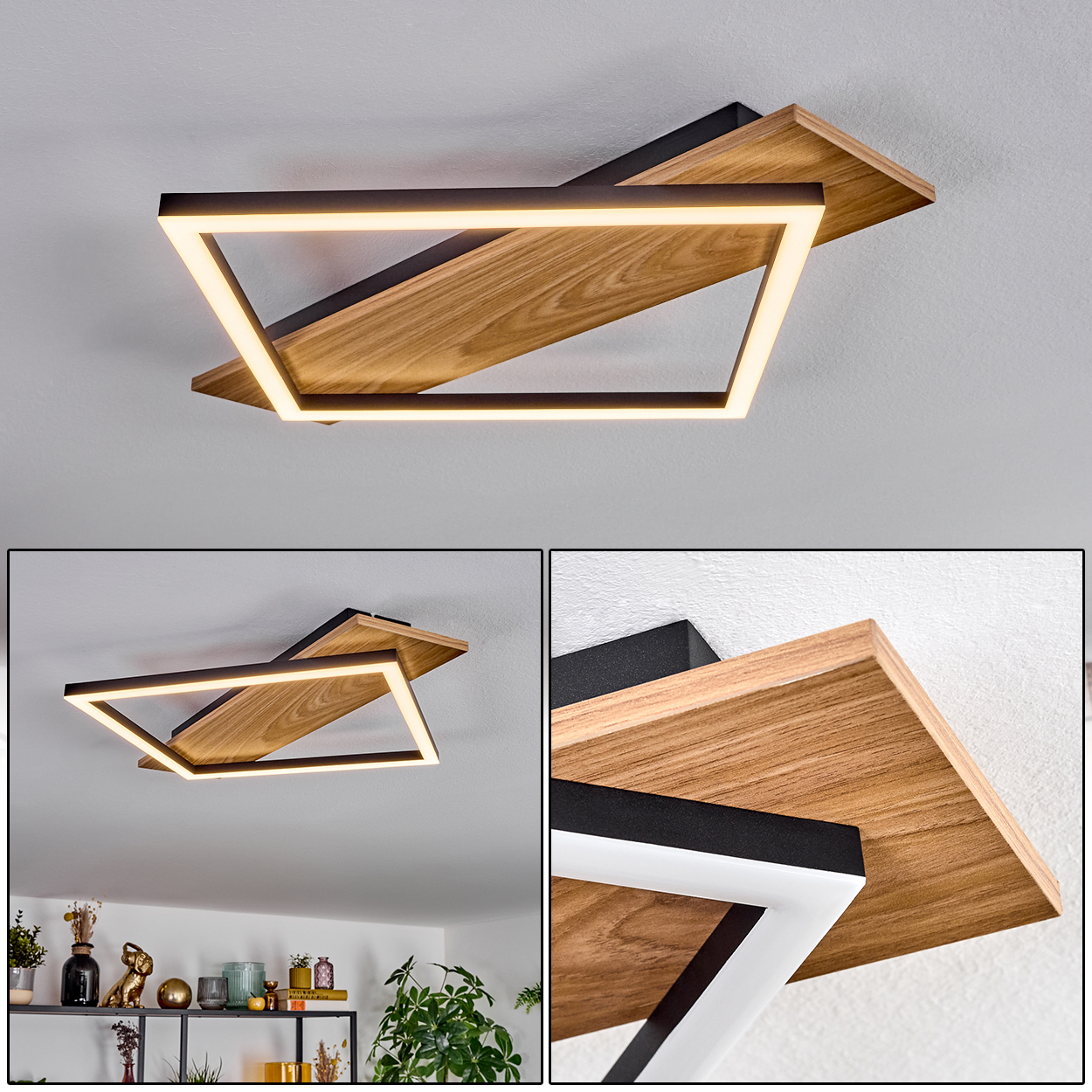 Eine moderne Deckenlampe mit Holzsockel und weißem, rechteckigem Lichtrahmen. Der Hintergrund zeigt eine weiße Decke und etwas Dekoration.