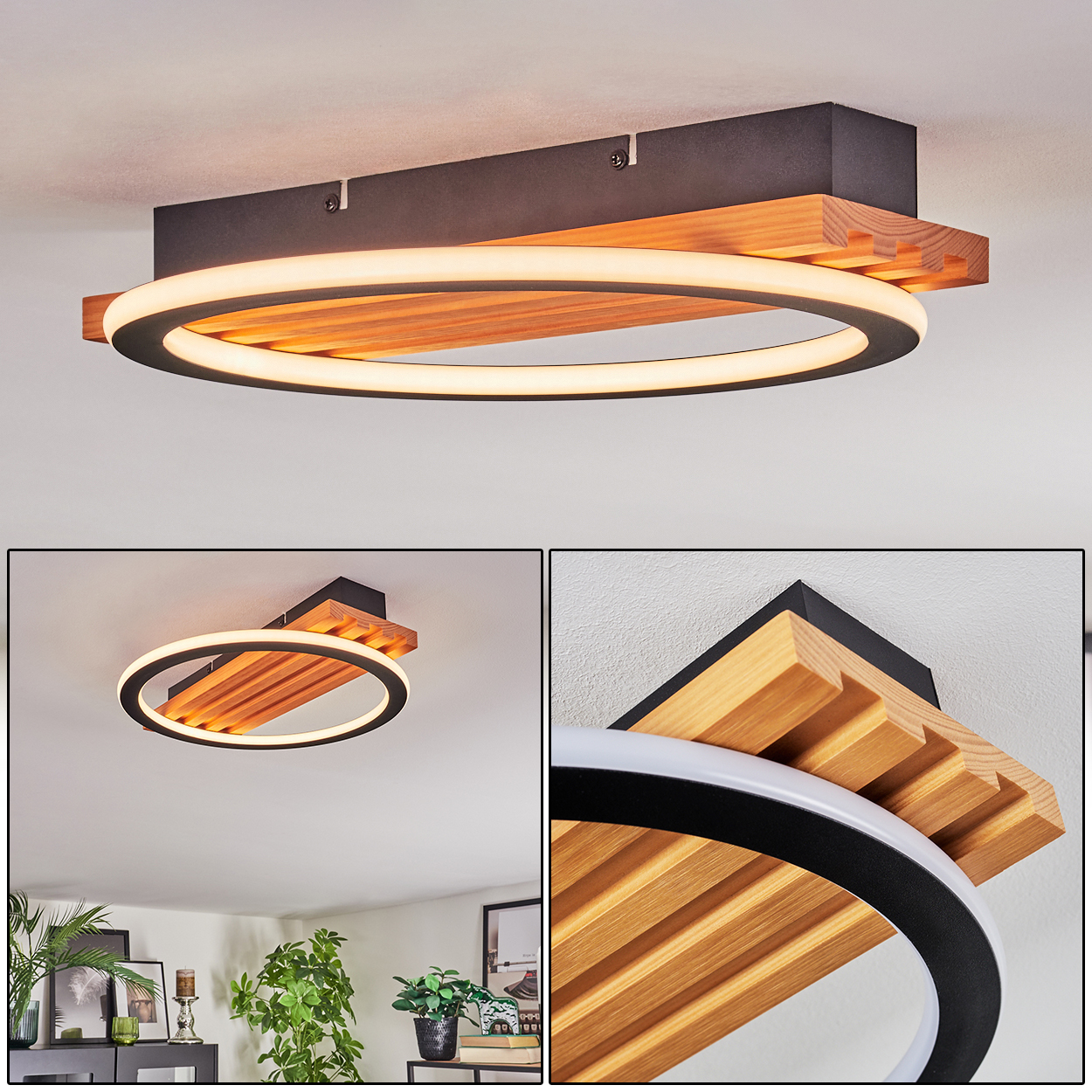 Deckenleuchte mit Holz- und schwarzem Rahmen, mit kreisförmigem Leuchten. Der Hintergrund ist eine weiße Decke.
