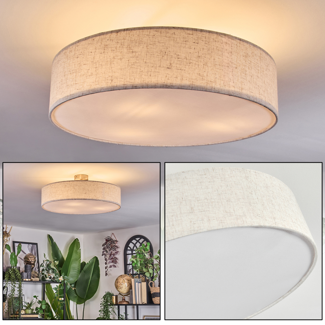 Eine große, runde Deckenlampe mit einem schattierten, leinenartigen Lampenschirm ist zu sehen. Sie befindet sich in einem Raum mit Pflanzen und einem Regal mit Dekoration.