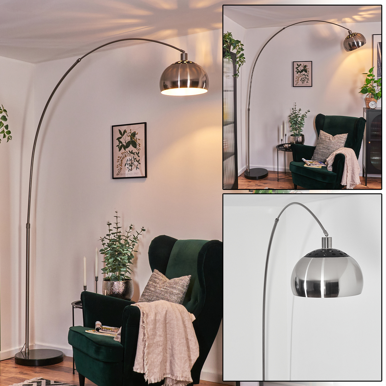 Ein modernes Wohnzimmer mit einer großen, bogenförmigen Stehlampe, einem grünen Sessel und dekorativen Pflanzen. Der Lampenschirm ist silberfarben.