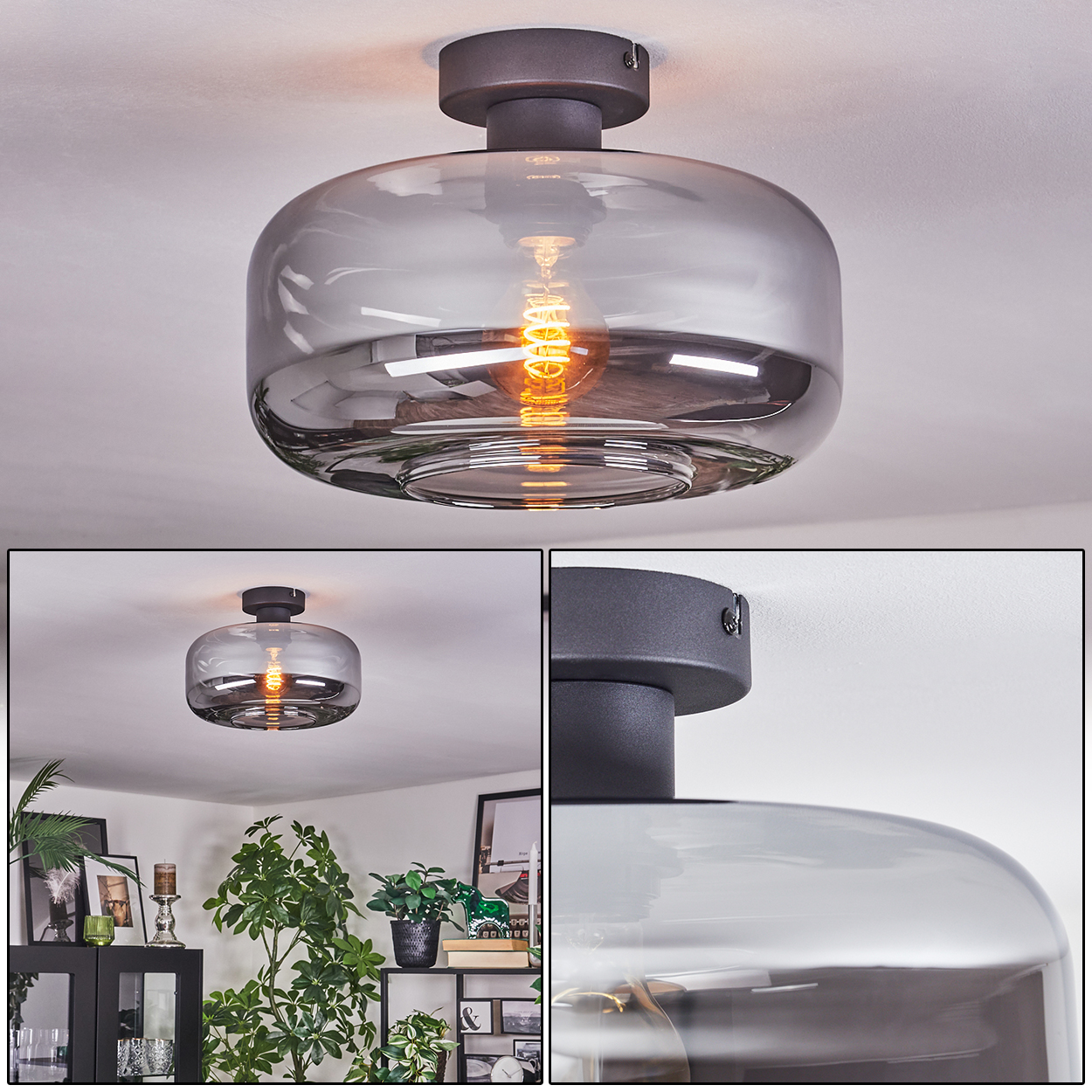 Eine moderne Deckenleuchte mit grauem Glasschirm und sichtbarer, warmtoniger Glühbirne. Sie ist an einer weißen Decke montiert.