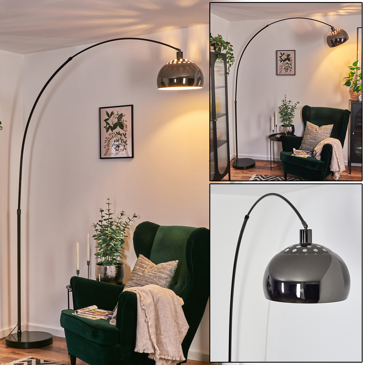Ein modernes Wohnzimmer mit einer großen Bogenlampe, einem grünen Sessel und Dekoration. Der Lampenschirm zeigt nach unten. Pflanzen und ein schwarzer Schrank sind sichtbar.