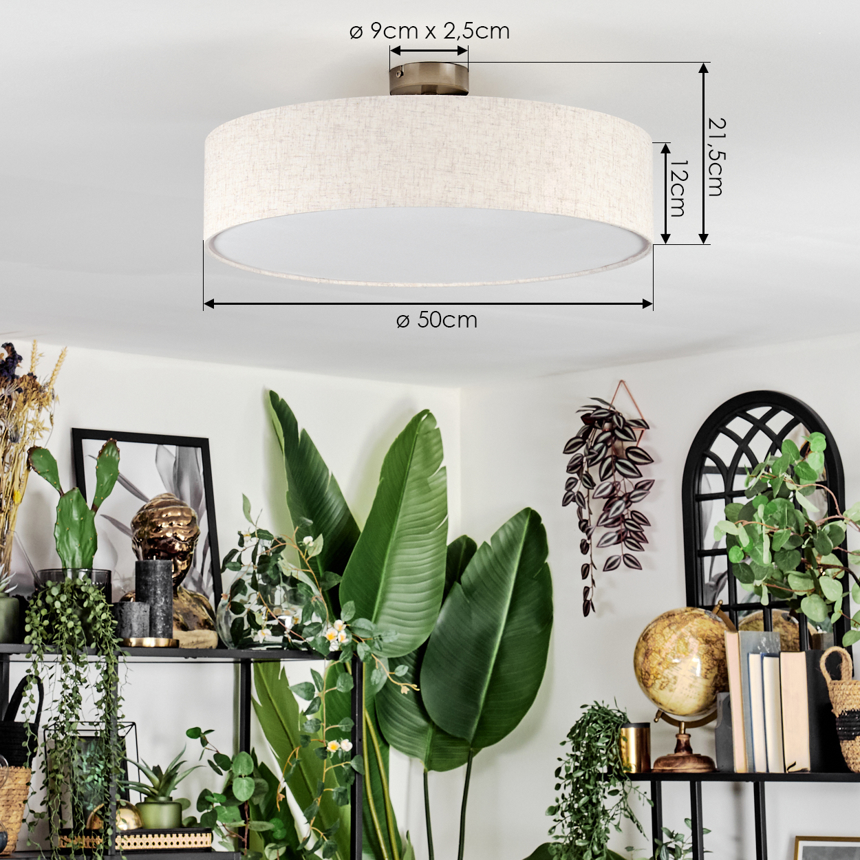 Eine beige Deckenlampe befindet sich über einem Regal voller Pflanzen und Dekorationsgegenstände. Eine große grüne Blattpflanze ist sichtbar.