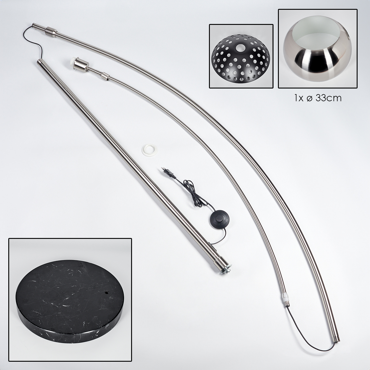 Zerlegte Stehlampenteile. Enthält gebogene Metallstangen, Lampenschirme, eine kreisförmige Basis und einen Fußschalter auf weißem Hintergrund.