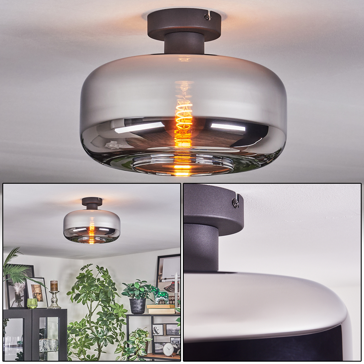 Eine moderne Deckenleuchte mit Glasschirm und sichtbarer, warm getönter Glühbirne. Die Leuchte ist an einer dunklen Halterung befestigt.