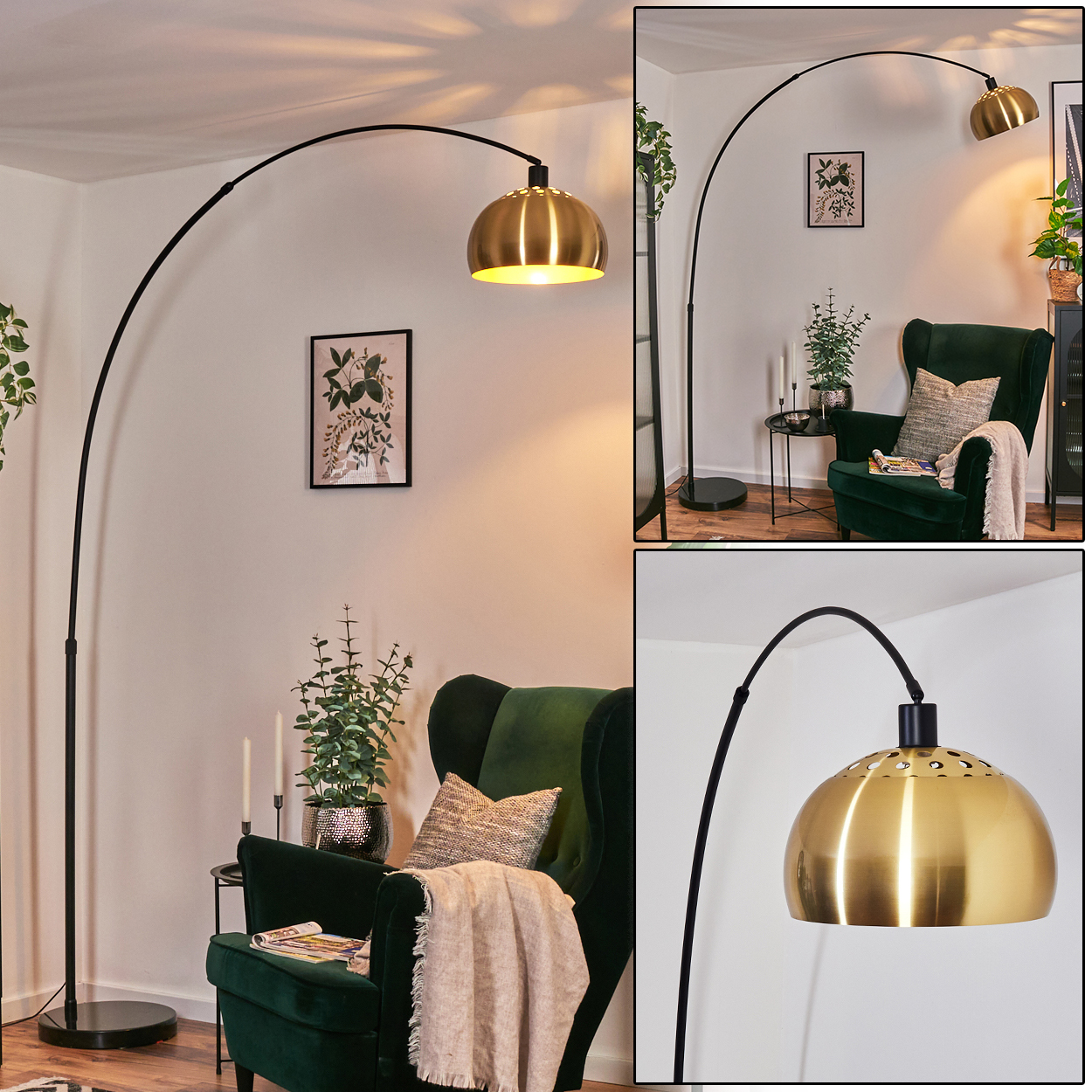 Ein modernes Wohnzimmer mit einer schwarzen Bogenlampe mit goldenem Lampenschirm, einem grünen Sessel und Kunst an der Wand.