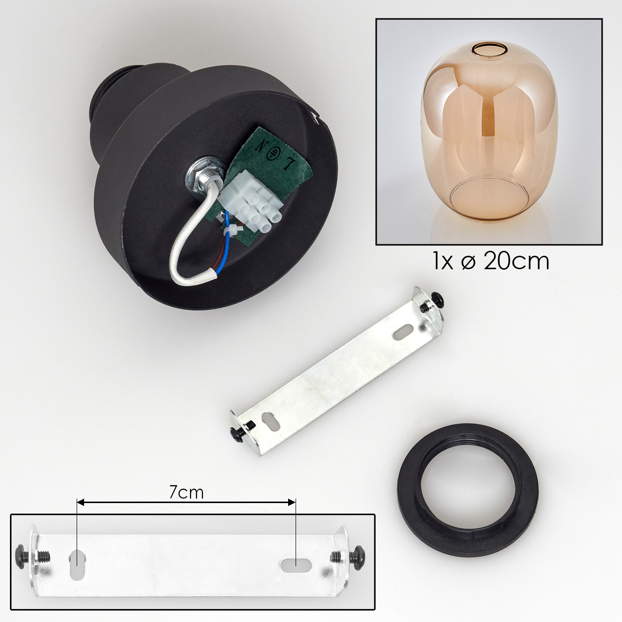 Komponenten der Deckenleuchte. Enthält einen schwarzen Sockel, Glasschirm, Montagehalterung und Ring. Abmessungen sind angegeben.