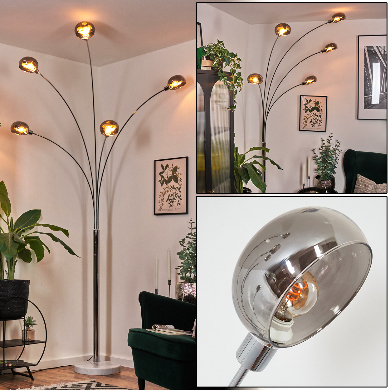Eine moderne Stehlampe mit mehreren gebogenen Armen, die jeweils eine kugelförmige Leuchte haben. Der Hintergrund zeigt einen grünen Stuhl und Pflanzen.