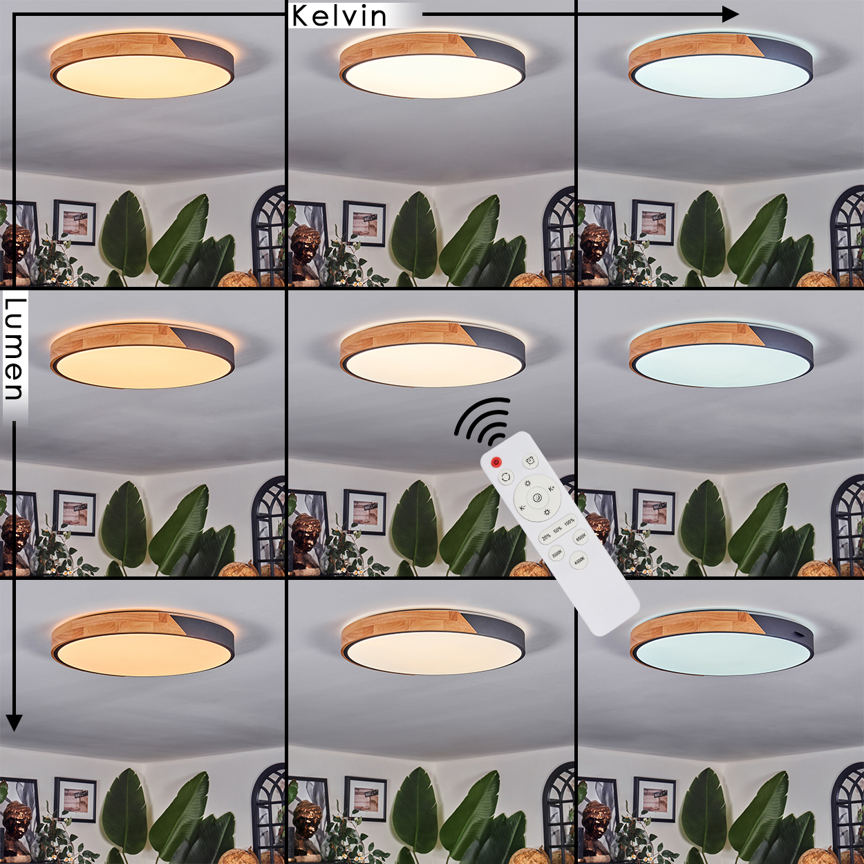 Neun Bilder zeigen eine Deckenleuchte mit Fernbedienung. Lichtfarbe und Helligkeit variieren, Pflanzen und Kunst im Hintergrund.