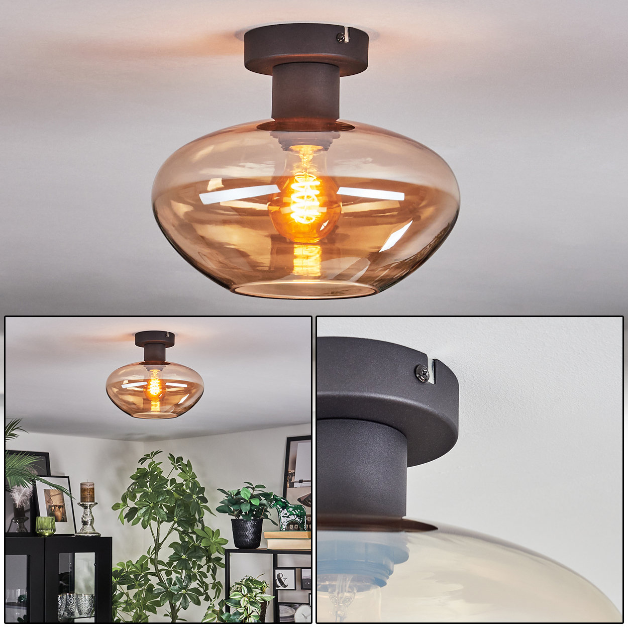 Eine moderne Deckenlampe mit braunem Sockel und bernsteinfarbenem Glasschirm, beleuchtet von einer warmen Glühbirne. Der Hintergrund zeigt ein Wohnzimmer.