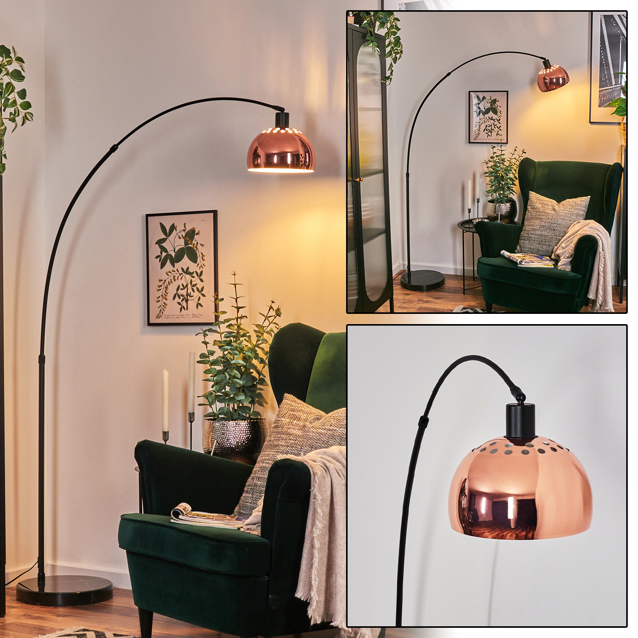 Ein modernes Wohnzimmer mit grünem Sessel, Kupferlampe und dekorativen Pflanzen. Eine Zeitschrift liegt auf dem Stuhl.