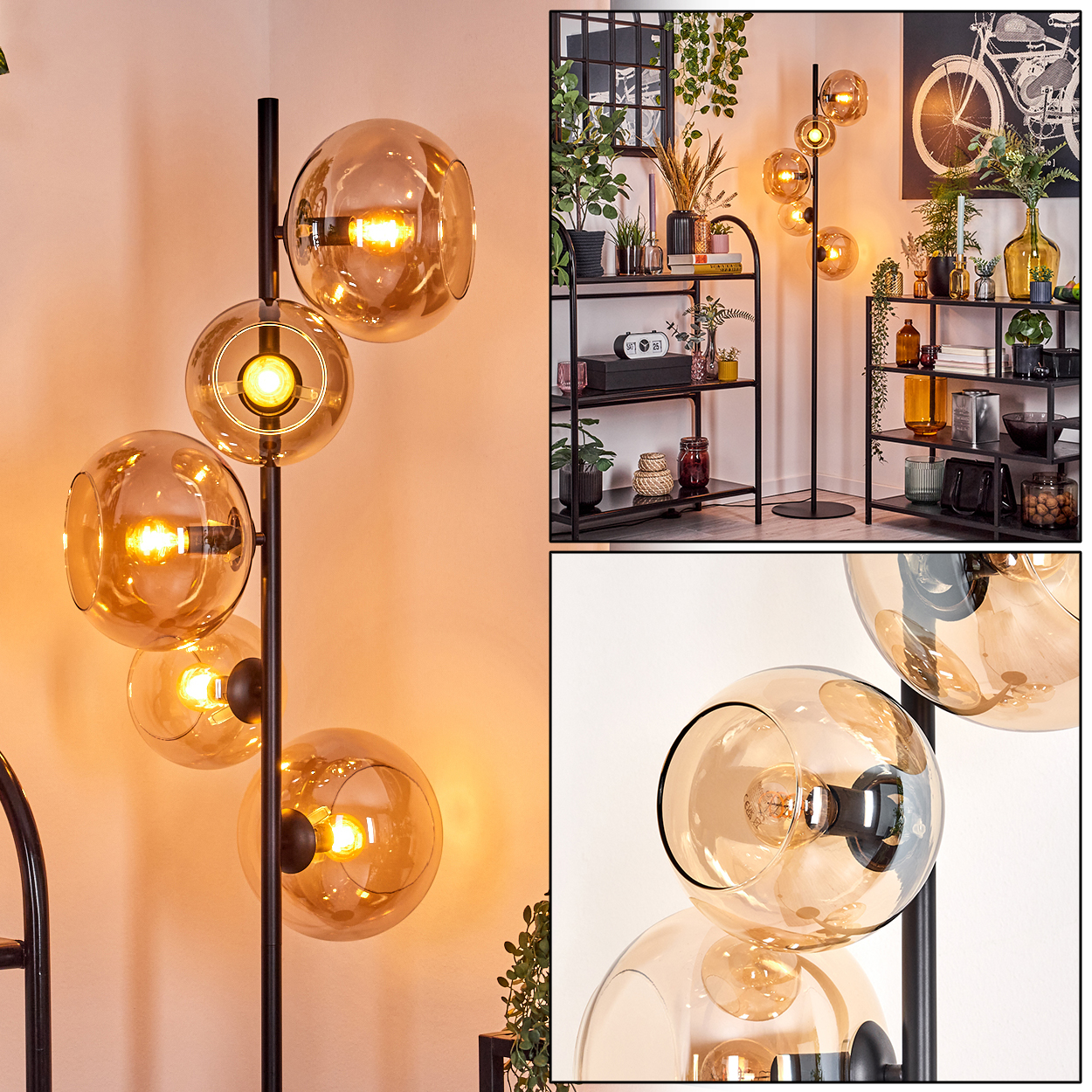 Eine moderne Stehlampe mit fünf bernsteinfarbenen Glaskugeln. Hintergrund: Regale mit Pflanzen und Dekor, ein Fahrradkunstdruck.