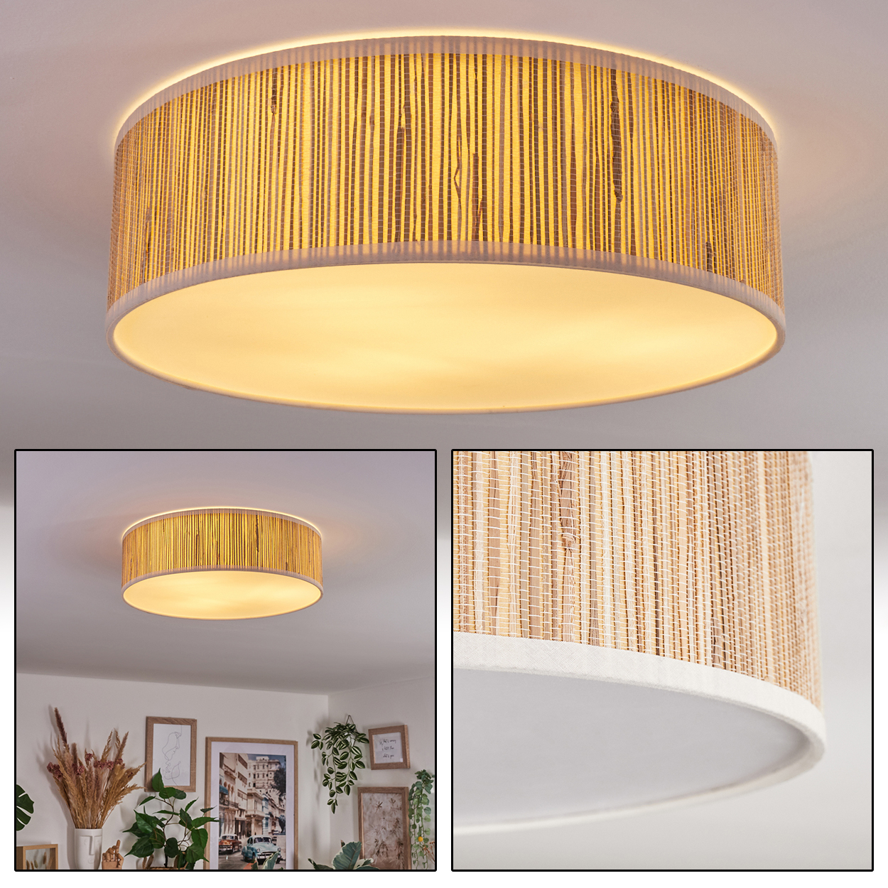 Eine runde Deckenlampe mit gewebtem Bambusschirm. Die Lampe ist beleuchtet und wirft ein warmes Licht. Die Lampe ist an einer weißen Decke befestigt.