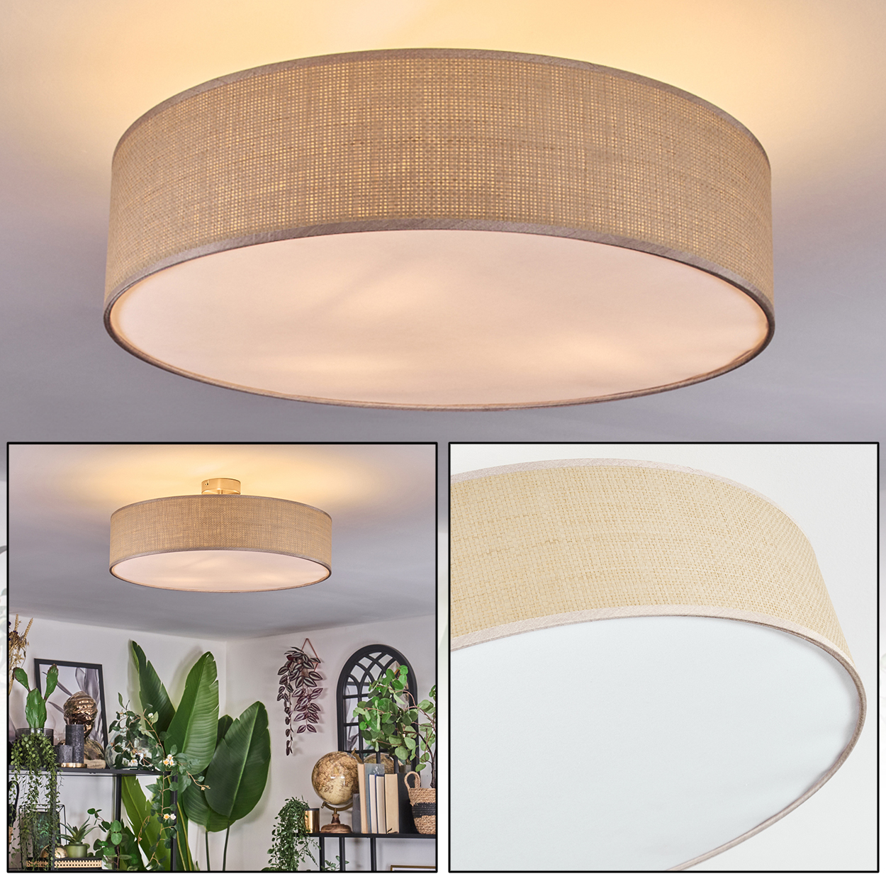 Eine beige Trommel-Deckenleuchte wird gezeigt. Das Licht besteht aus gewebtem Material. Das Licht ist auf einer weißen Decke zentriert.