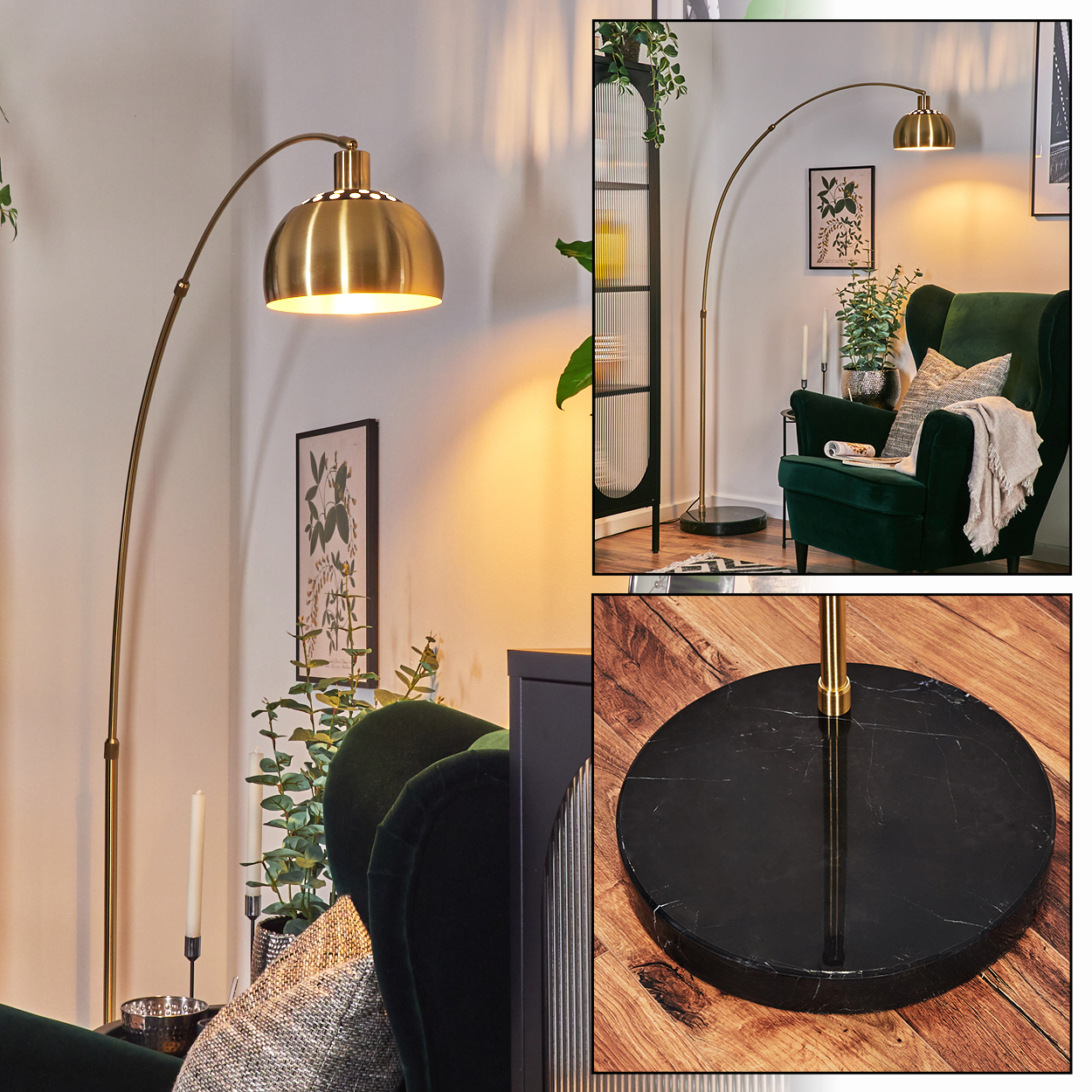 Eine goldene, bogenförmige Stehlampe mit Kuppelschirm beleuchtet einen Raum mit einem grünen Sessel, Pflanzen und Kunst.