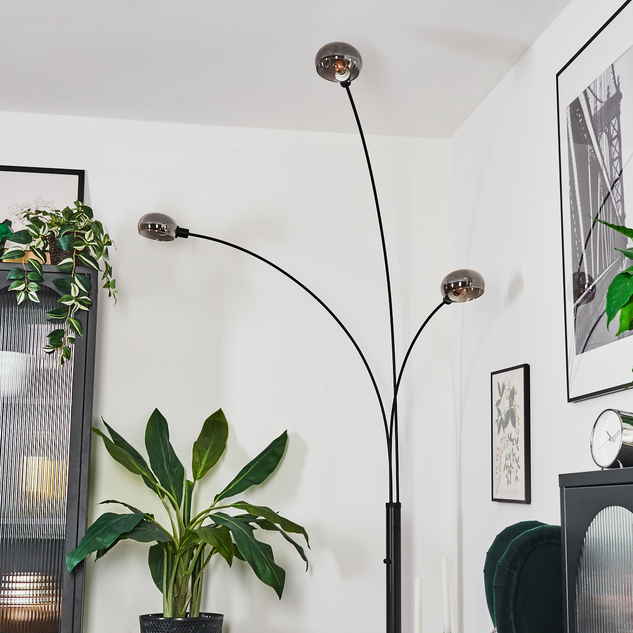 Eine moderne Stehlampe mit drei kugelförmigen Schirmen. Eine große grüne Pflanze in einem schwarzen Topf vor einer weißen Wand.