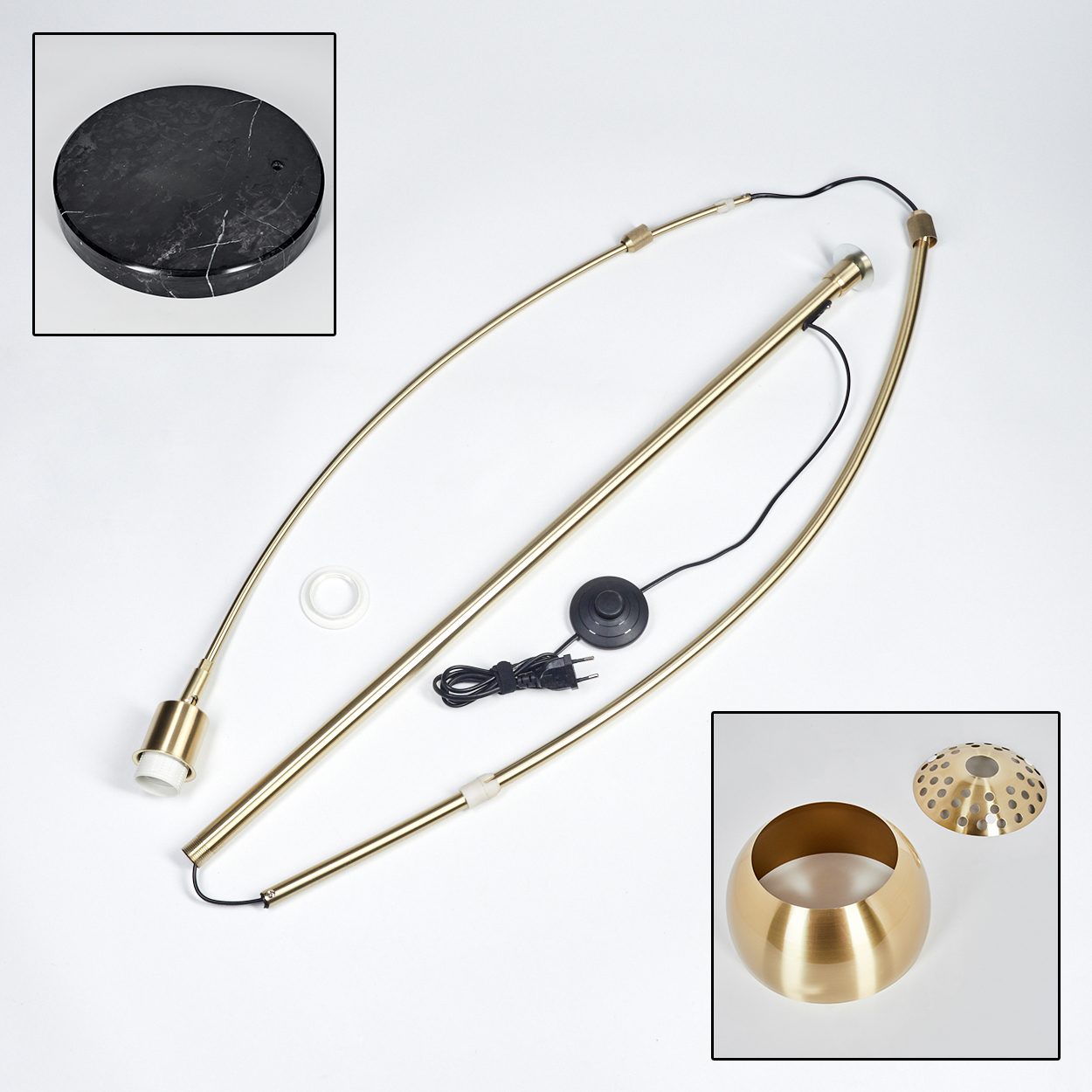 Zerlegte goldene Stehlampe. Teile umfassen Basis, Rahmen, Schirm und Stromkomponenten. Eine Marmorbasis ist in der Ecke.