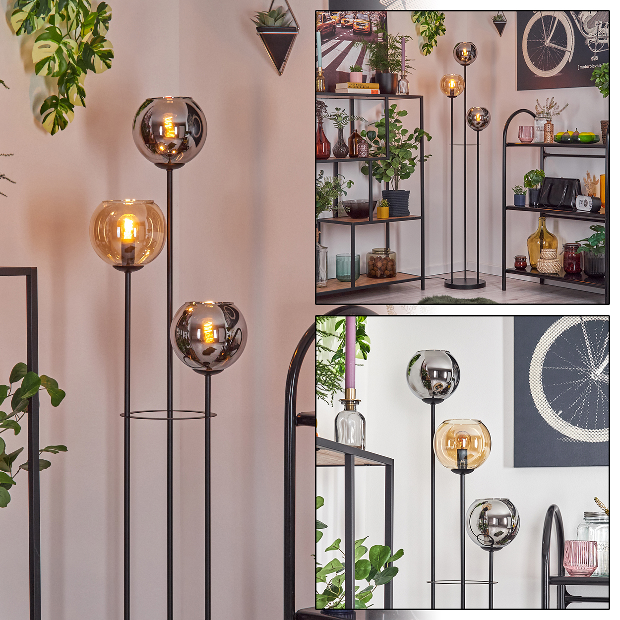 Stehlampe mit drei Lichtern und kugelförmigen Glasschirmen. Regale mit Pflanzen, Dekoration und einem Fahrradrad-Druck im Hintergrund.