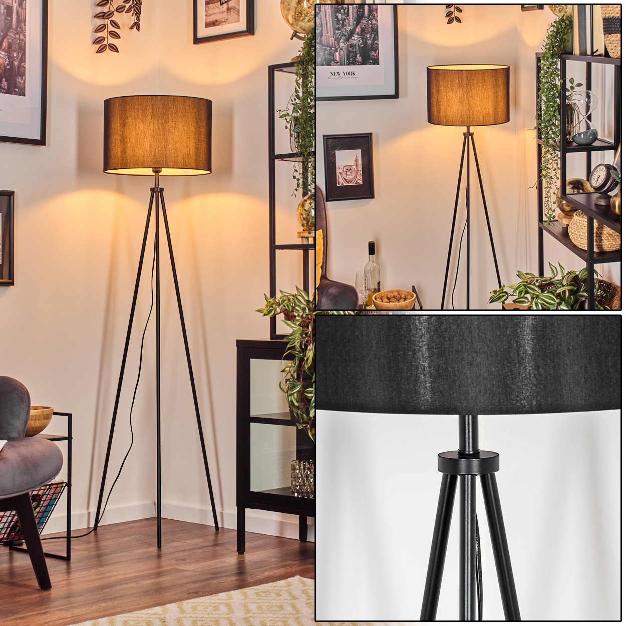Eine schwarze Stehlampe mit Stativ und Lampenschirm. Die Lampe steht in einem Raum mit Regalen, Bildern und Pflanzen.