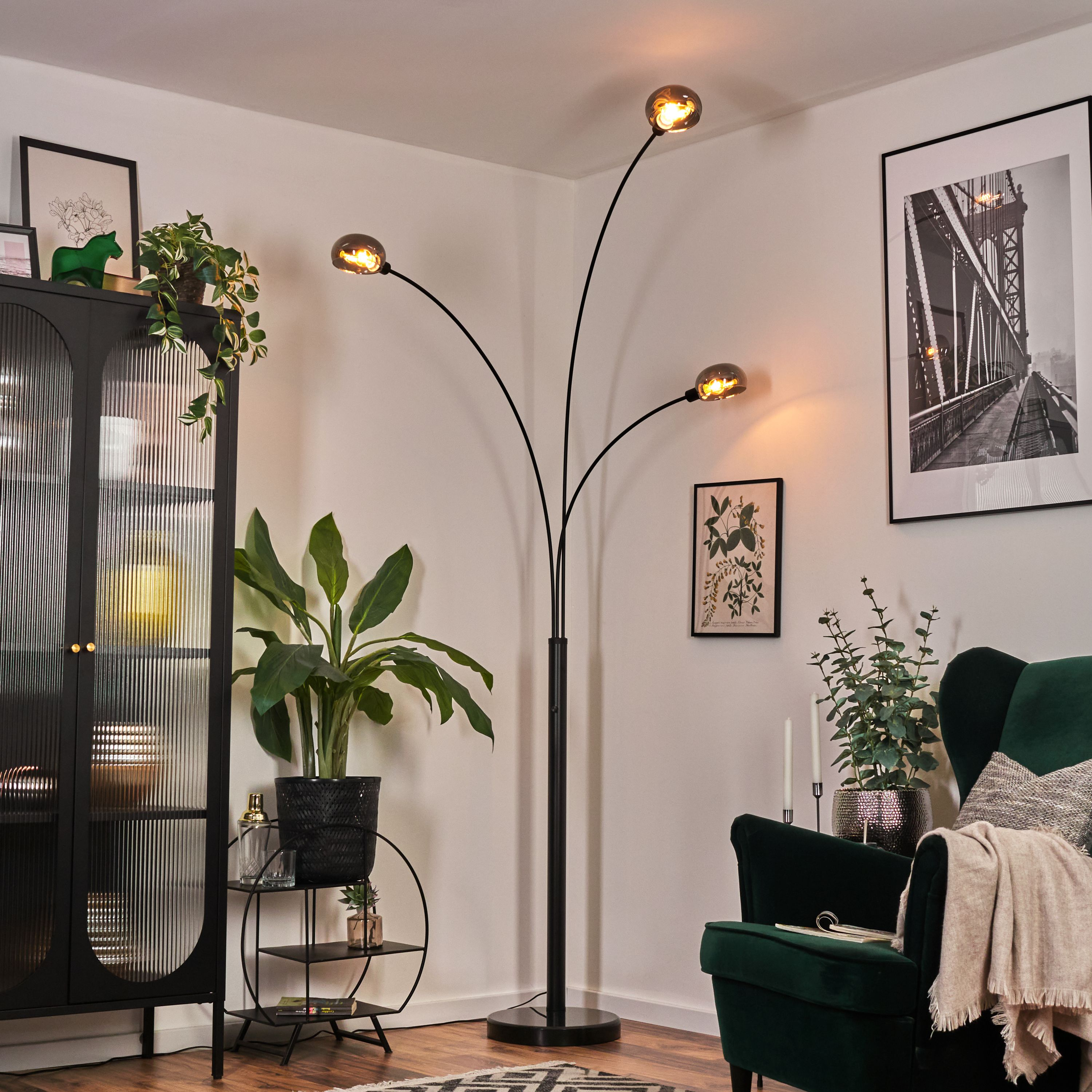 Ein Raum mit einer schwarzen Stehlampe, einem grünen Sessel und einem schwarzen Schrank mit Pflanzen.