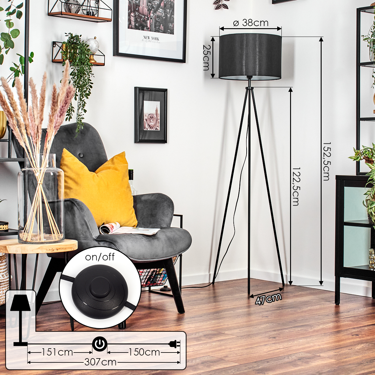 Ein Raum mit Stehlampe, Sessel und Dekorationen. Abmessungen sind auf der Lampe markiert. Ein/Aus-Schalter ist abgebildet.