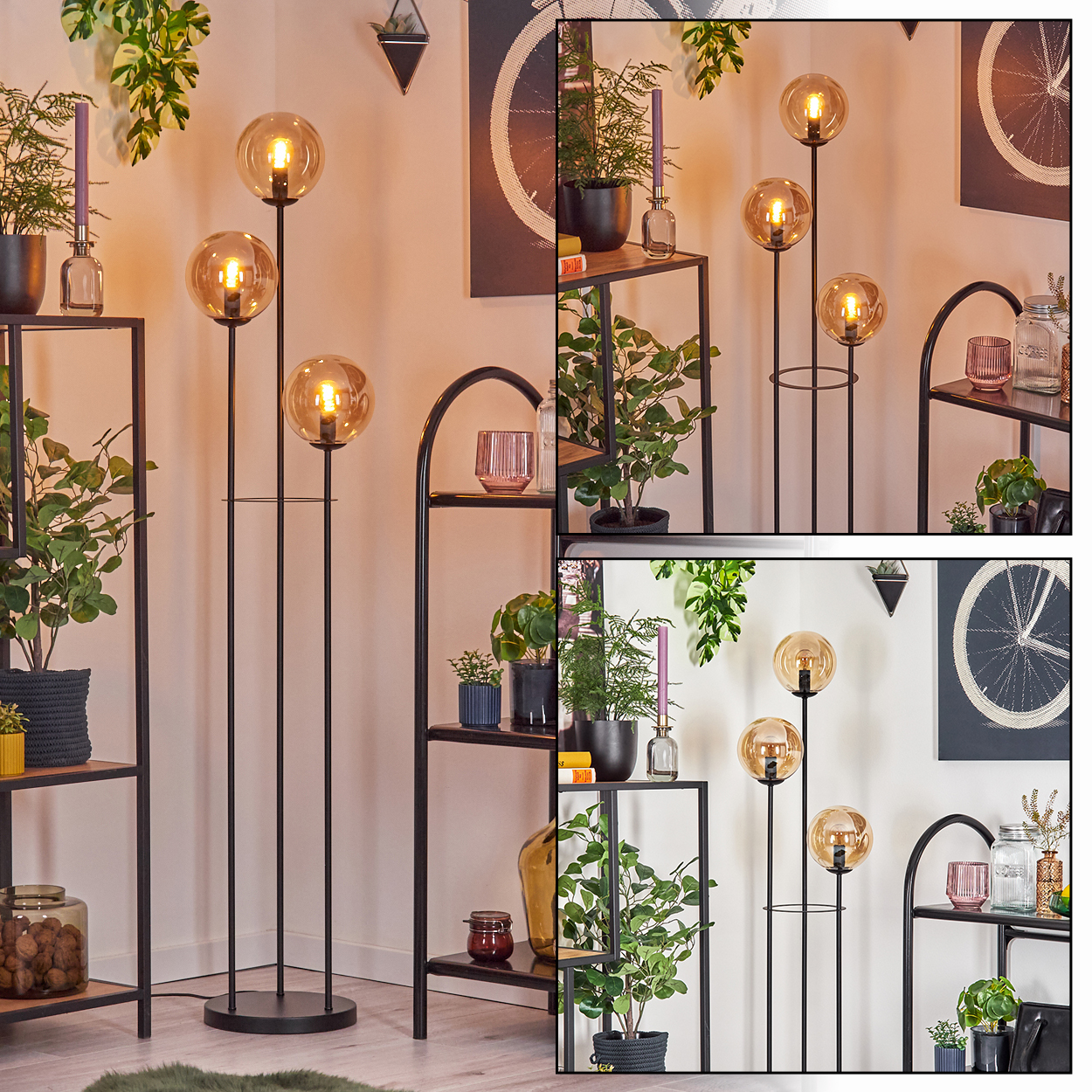 Stehlampe mit drei Kugelleuchten. Regale mit Pflanzen und Dekoration. Hintergrund ist eine Wand mit Kunst.