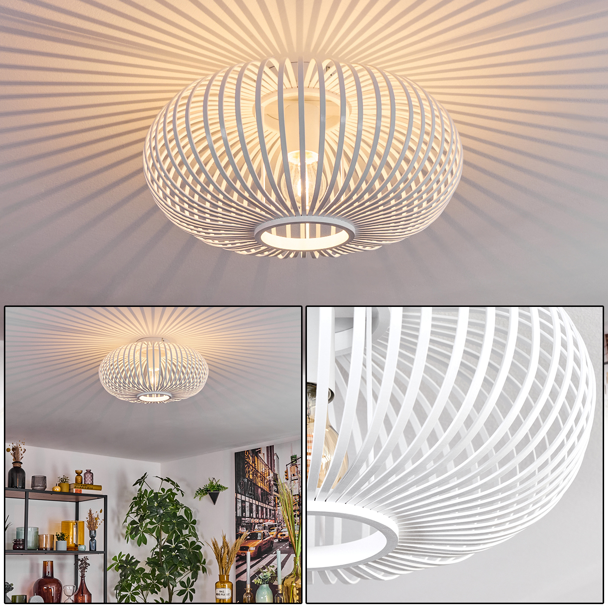 Eine weiße, moderne Deckenleuchte mit einzigartigem Lamellendesign, das gestreifte Schatten wirft. Das Licht ist an und beleuchtet den Raum.