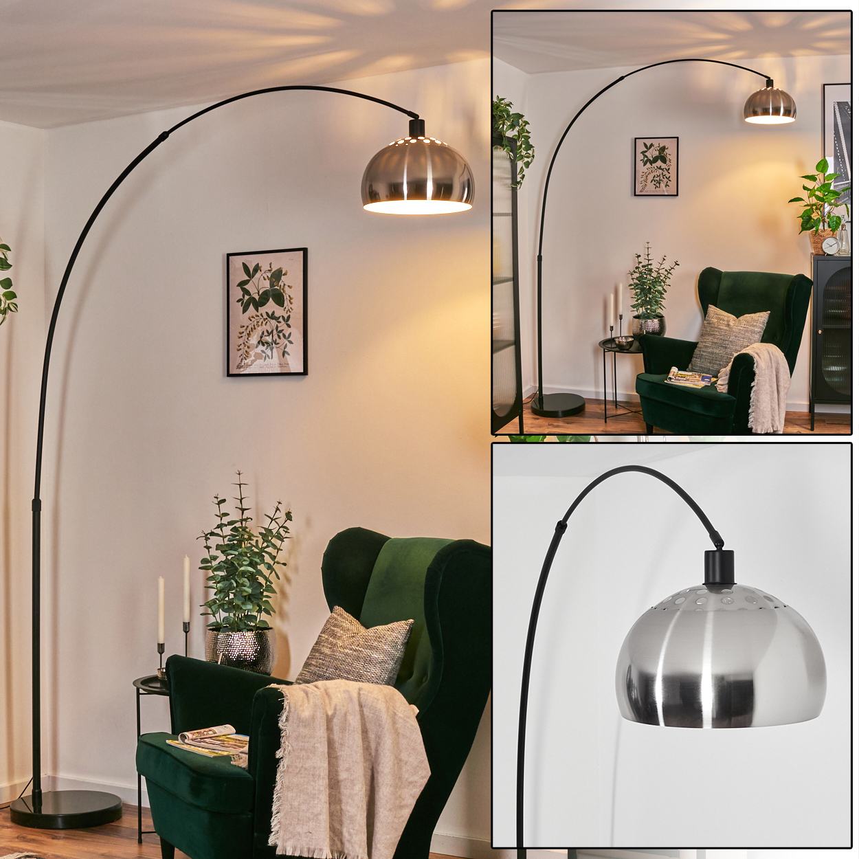 Ein modernes Wohnzimmer mit einer schwarzen Bogenstehlampe. Ein grüner Sessel mit einer Decke steht in der Nähe der Lampe. Eine Pflanze steht auf dem Tisch.