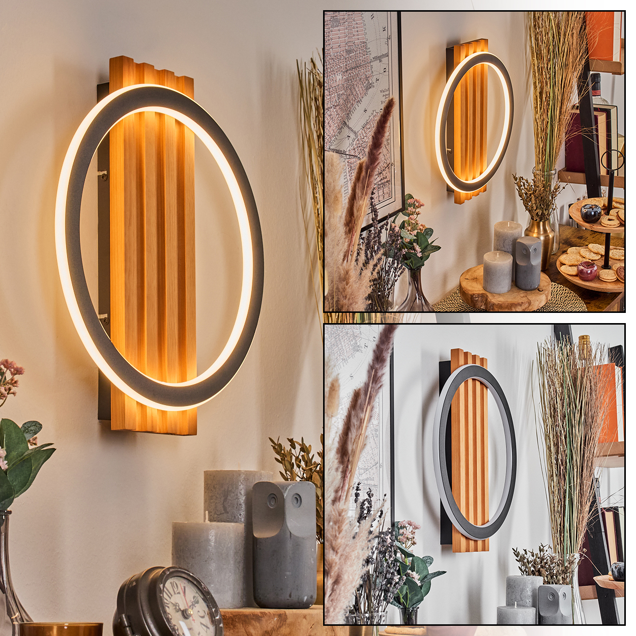 Eine moderne Wandlampe mit Holzsockel und kreisförmigem Licht. Dekoration umfasst Kerzen, Blumen und eine Uhr.